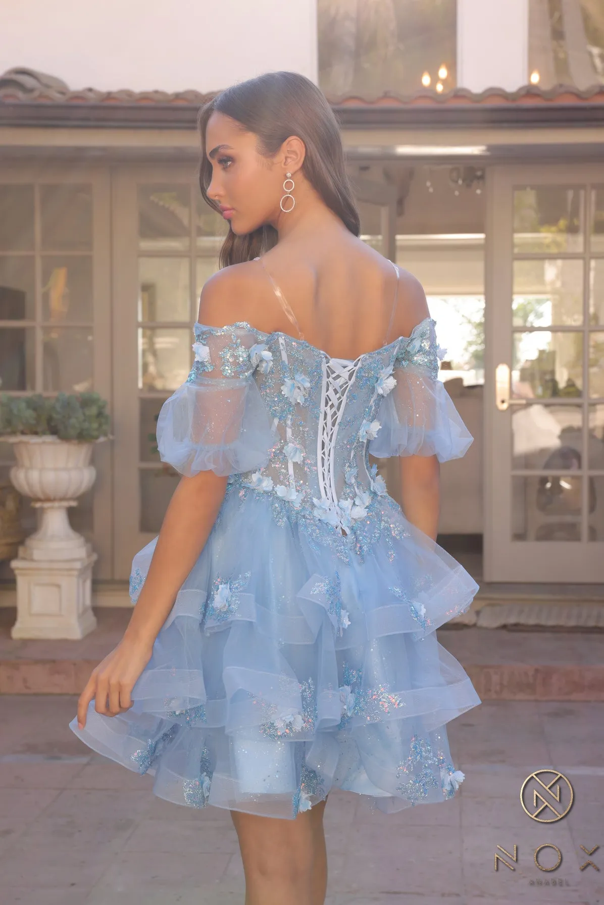 3D Floral Off Shoulder Ball Gown with Shorts by Nox Anabel H1360