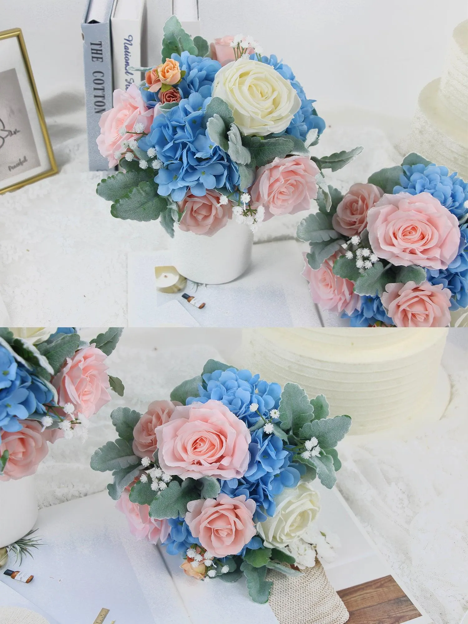 7.8 inch wide Blush & Baby Blue Bridesmaid Bouquet