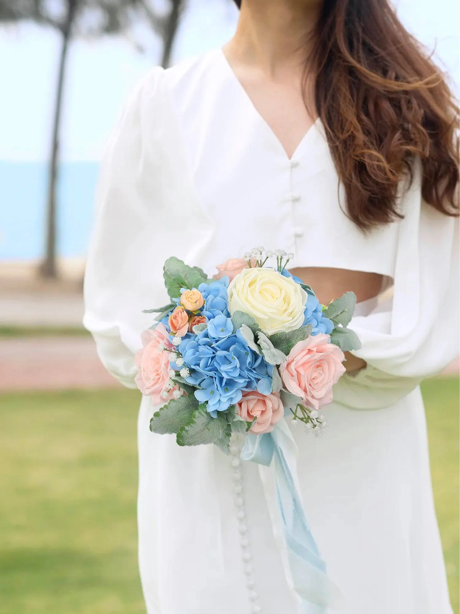 7.8 inch wide Blush & Baby Blue Bridesmaid Bouquet