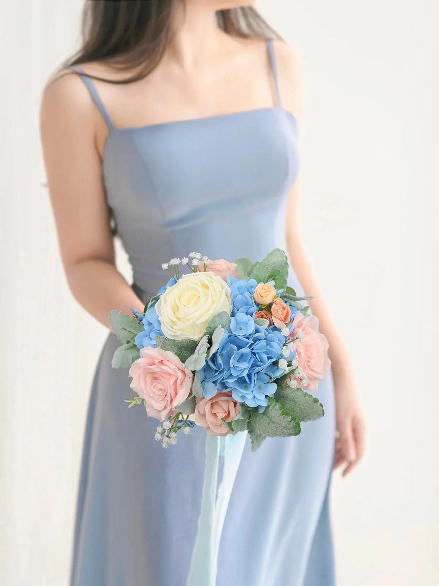 7.8 inch wide Blush & Baby Blue Bridesmaid Bouquet