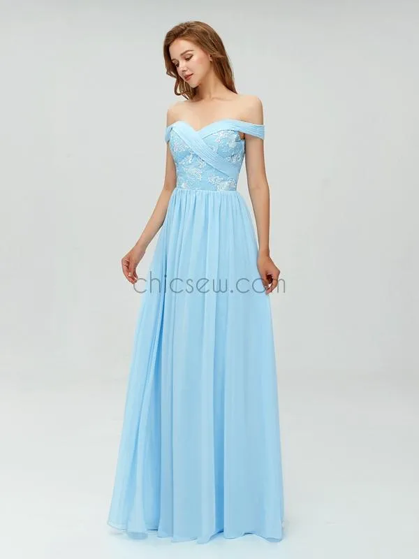 A-line Blue Off the Shoulder Long Cheap Prom Dress, Elegant Bridesmaid Dresses LMX1102