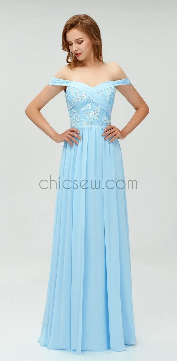 A-line Blue Off the Shoulder Long Cheap Prom Dress, Elegant Bridesmaid Dresses LMX1102