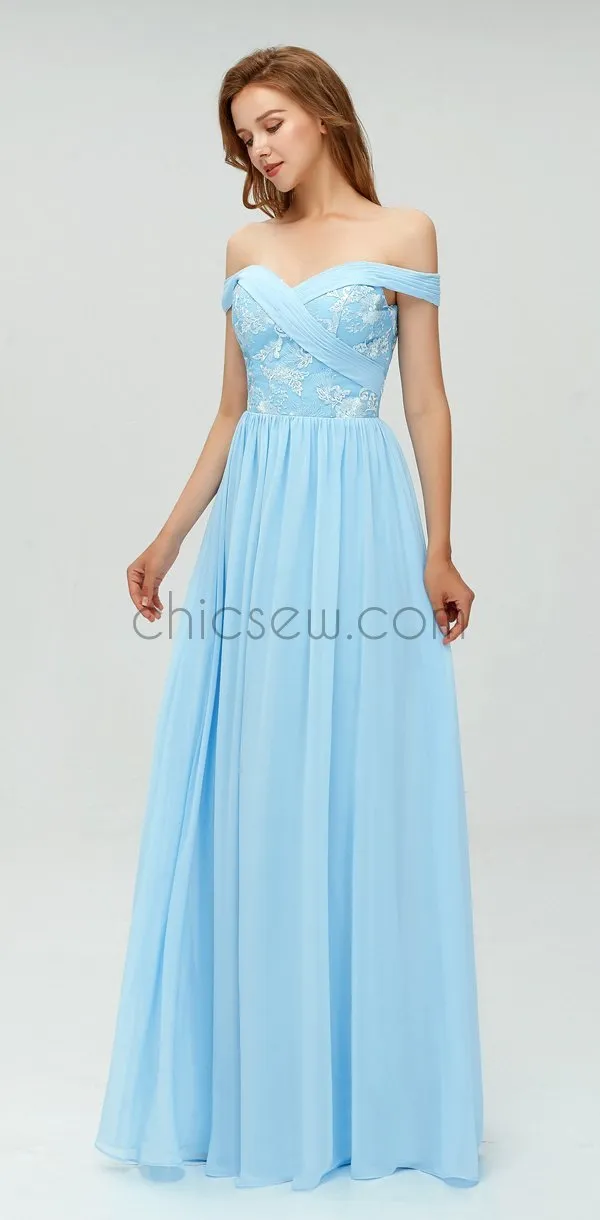 A-line Blue Off the Shoulder Long Cheap Prom Dress, Elegant Bridesmaid Dresses LMX1102