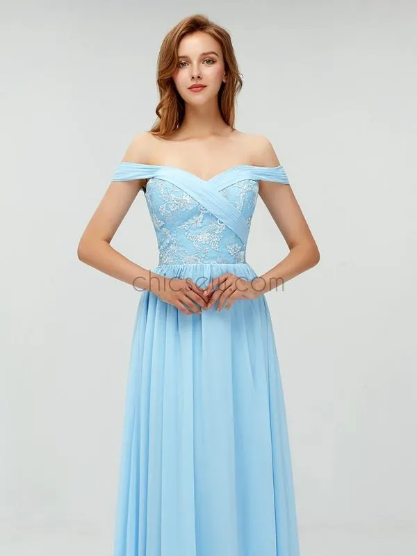 A-line Blue Off the Shoulder Long Cheap Prom Dress, Elegant Bridesmaid Dresses LMX1102