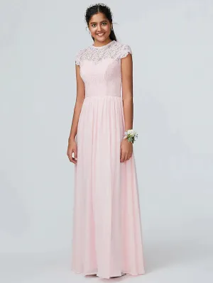 A-Line Bridesmaid Dress Jewel Neck Sleeveless Elegant Floor Length Chiffon with Lace