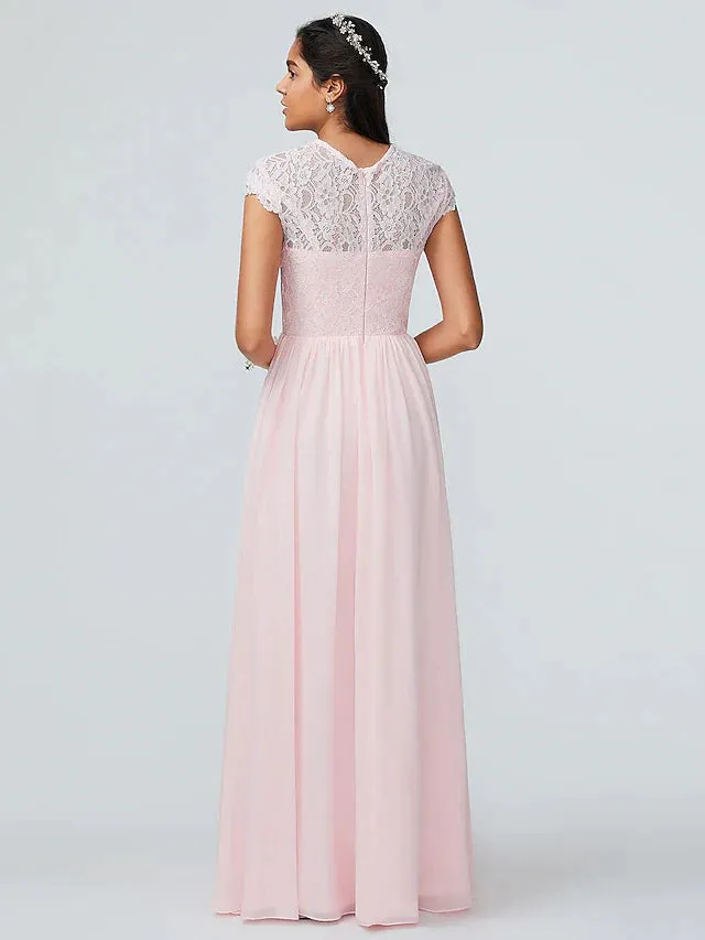 A-Line Bridesmaid Dress Jewel Neck Sleeveless Elegant Floor Length Chiffon with Lace