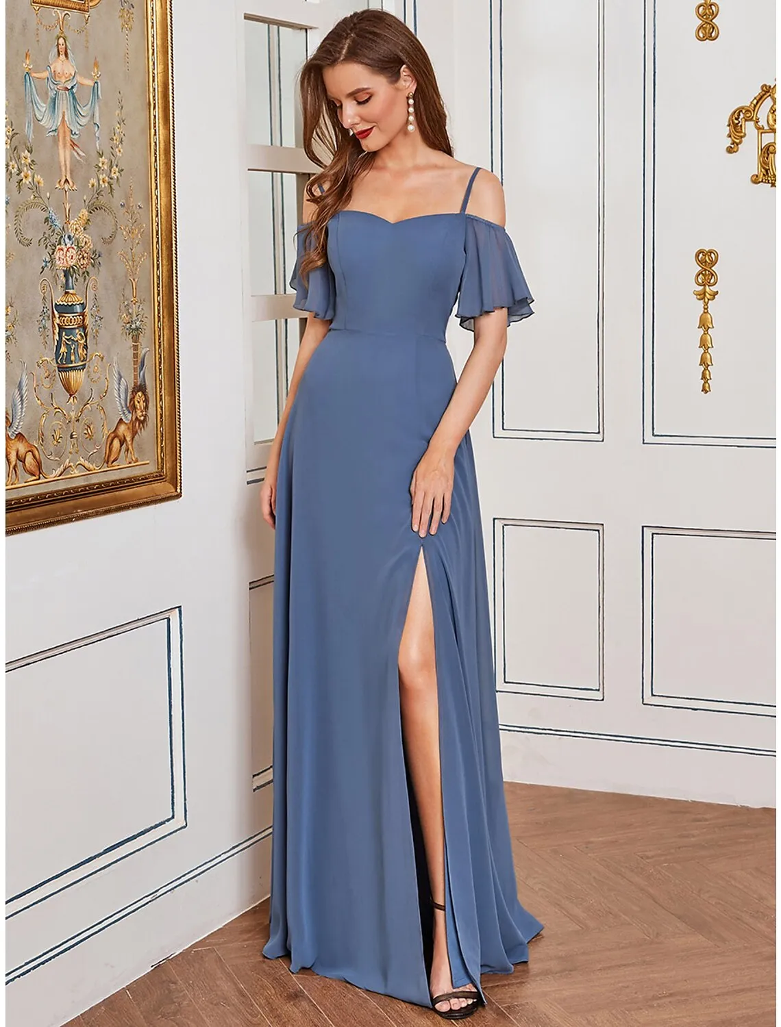 A-Line Bridesmaid Dress Off Shoulder Sleeveless Elegant Floor Length Chiffon with Ruffles / Draping / Solid Color