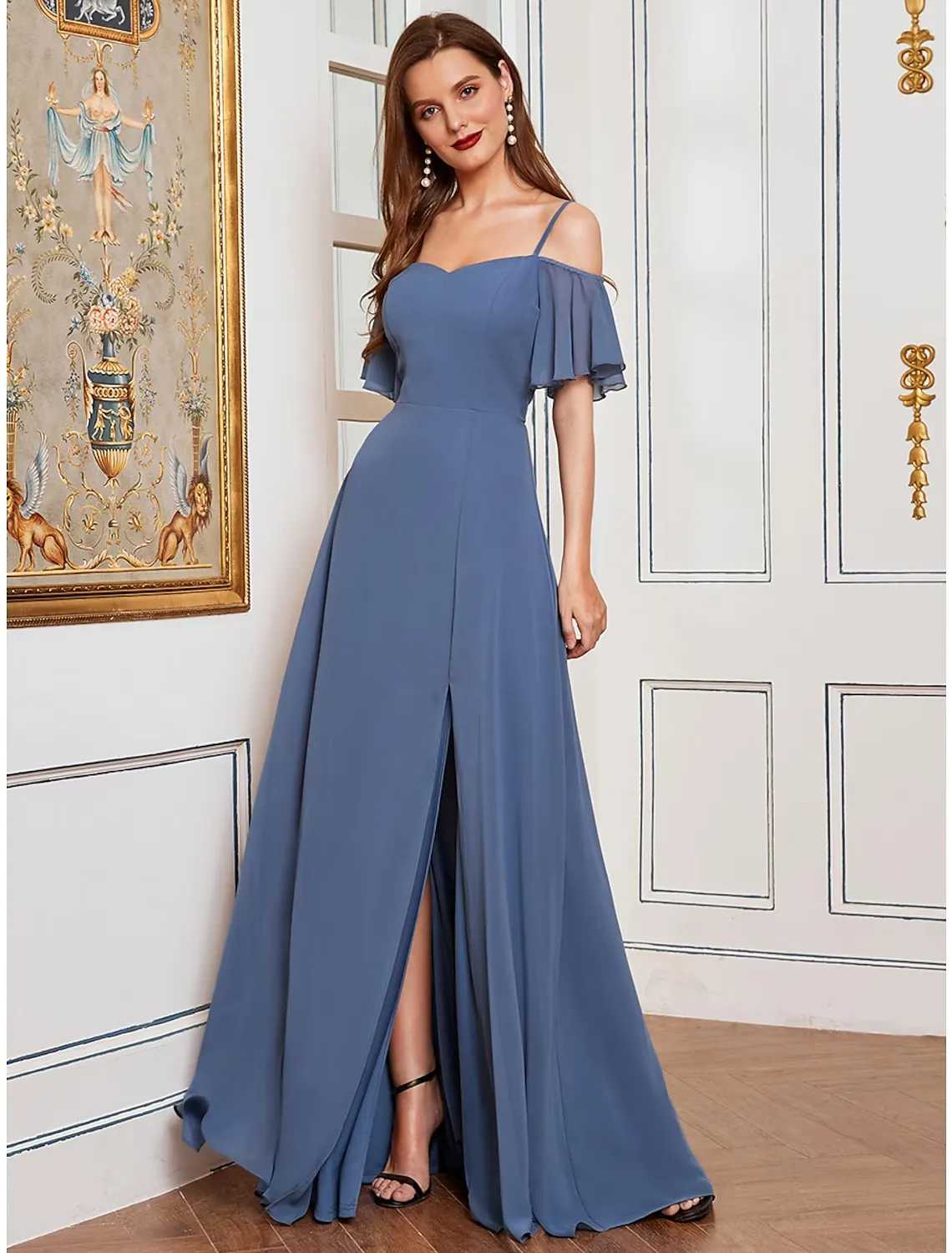 A-Line Bridesmaid Dress Off Shoulder Sleeveless Elegant Floor Length Chiffon with Ruffles / Draping / Solid Color