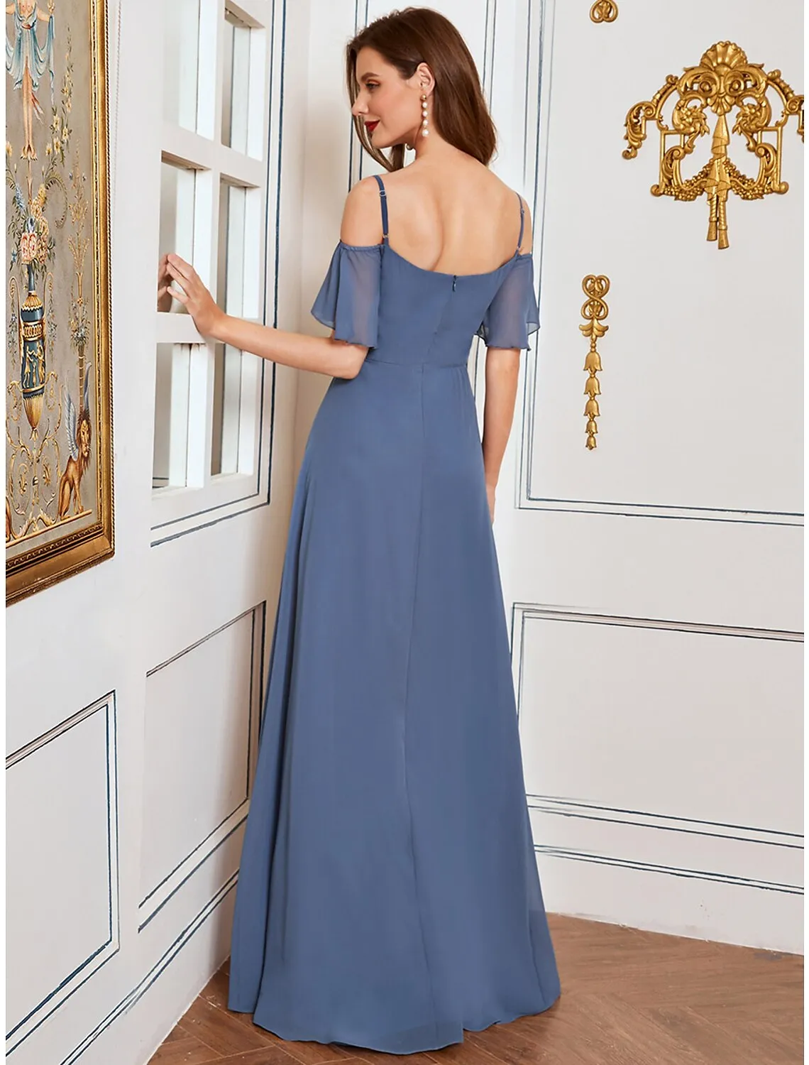 A-Line Bridesmaid Dress Off Shoulder Sleeveless Elegant Floor Length Chiffon with Ruffles / Draping / Solid Color