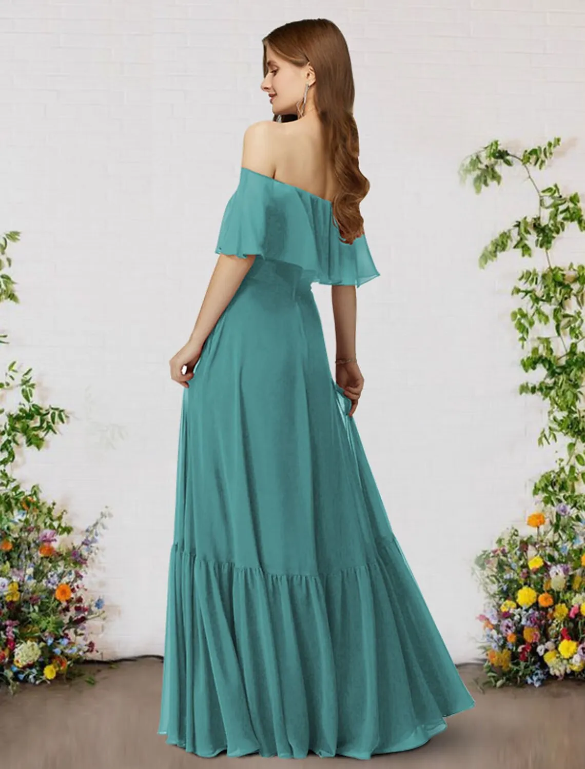 A-Line Bridesmaid Dress Off Shoulder Sleeveless Elegant Floor Length Chiffon with Ruffles