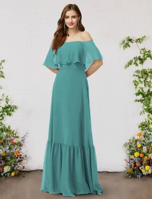 A-Line Bridesmaid Dress Off Shoulder Sleeveless Elegant Floor Length Chiffon with Ruffles