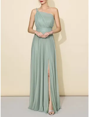 A-Line Bridesmaid Dress One Shoulder Sleeveless Elegant Floor Length Tulle with Split Front / Ruching