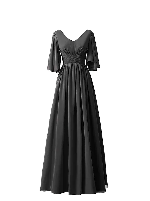 A-Line Bridesmaid Dress V Neck Half Sleeve Elegant Floor Length Chiffon with Pleats / Ruffles