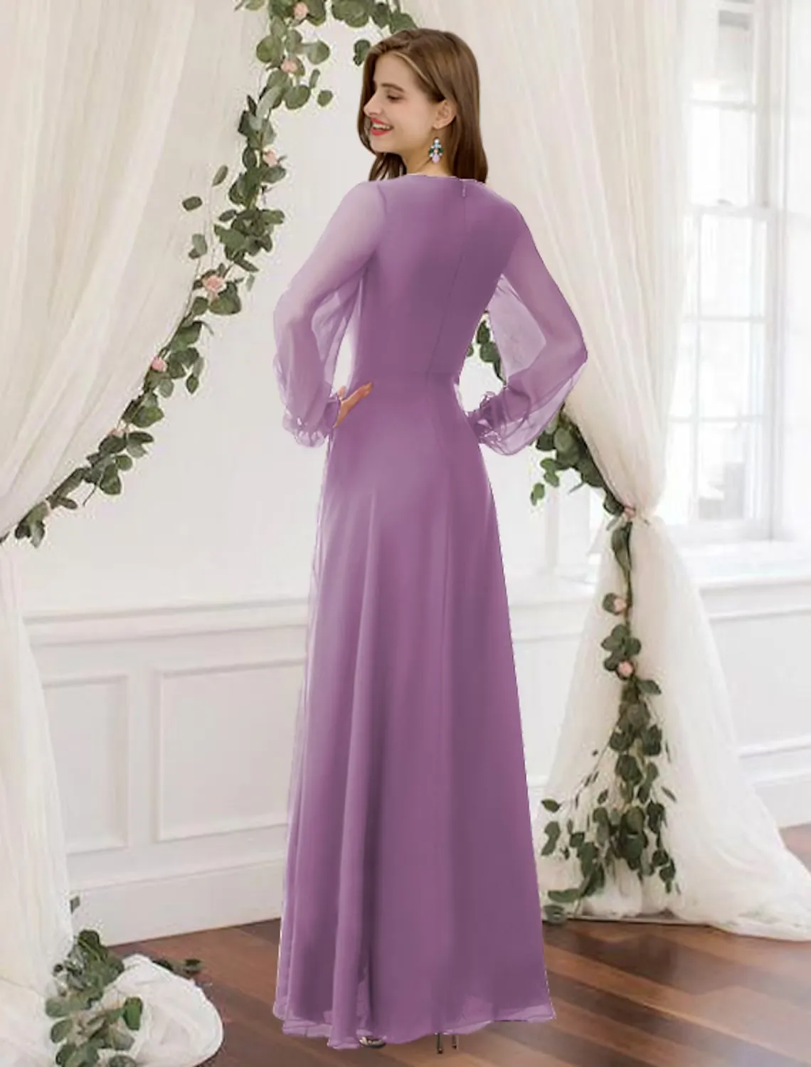 A-Line Bridesmaid Dress V Neck Long Sleeve Elegant Floor Length Chiffon with Pleats