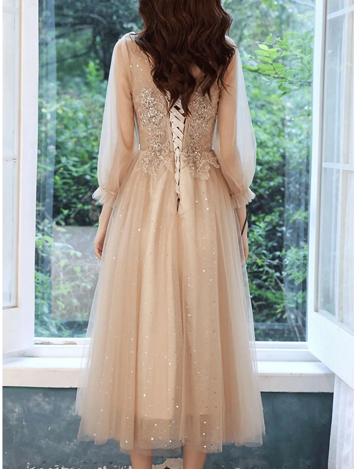 A-Line Bridesmaid Dress V Neck Long Sleeve Elegant Tea Length Lace / Tulle with Beading / Appliques