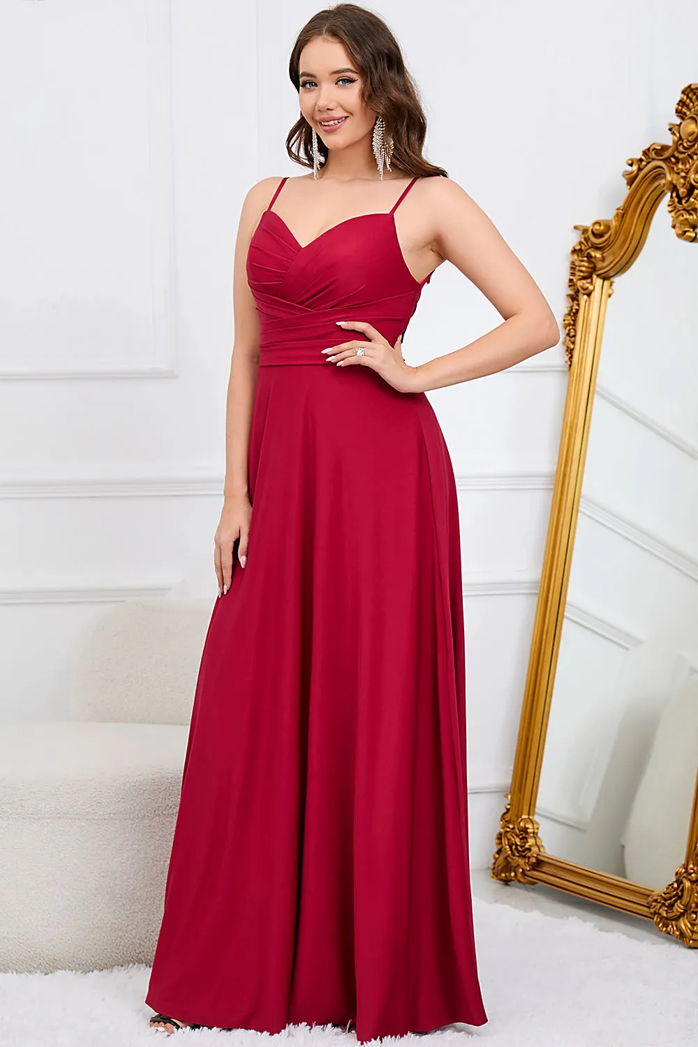 A Line Spaghetti Straps Burgundy Long Bridesmaid Dress