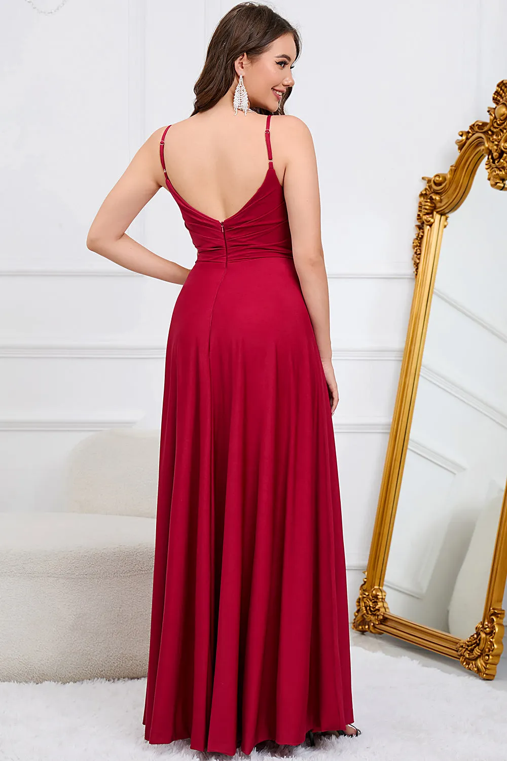 A Line Spaghetti Straps Burgundy Long Bridesmaid Dress