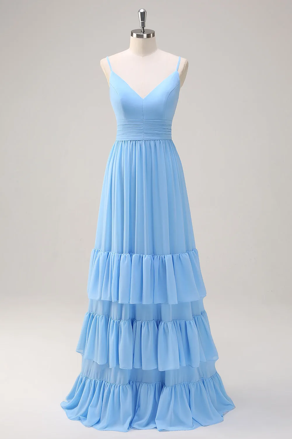 A Line Spaghetti Straps Chiffon Ruffles Blue Bridesmaid Dress