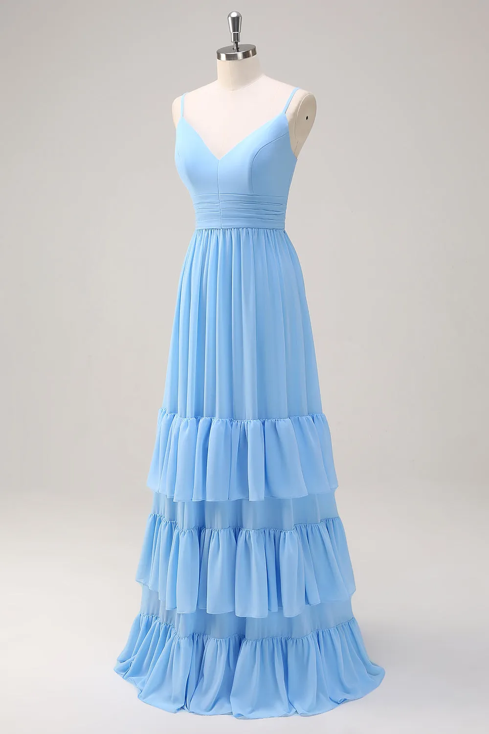 A Line Spaghetti Straps Chiffon Ruffles Blue Bridesmaid Dress