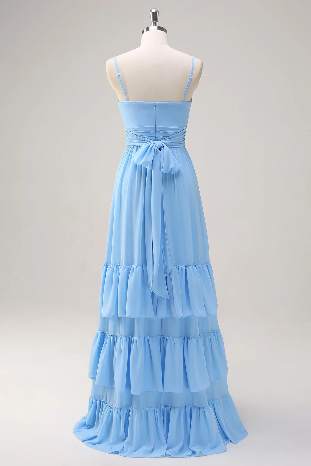 A Line Spaghetti Straps Chiffon Ruffles Blue Bridesmaid Dress