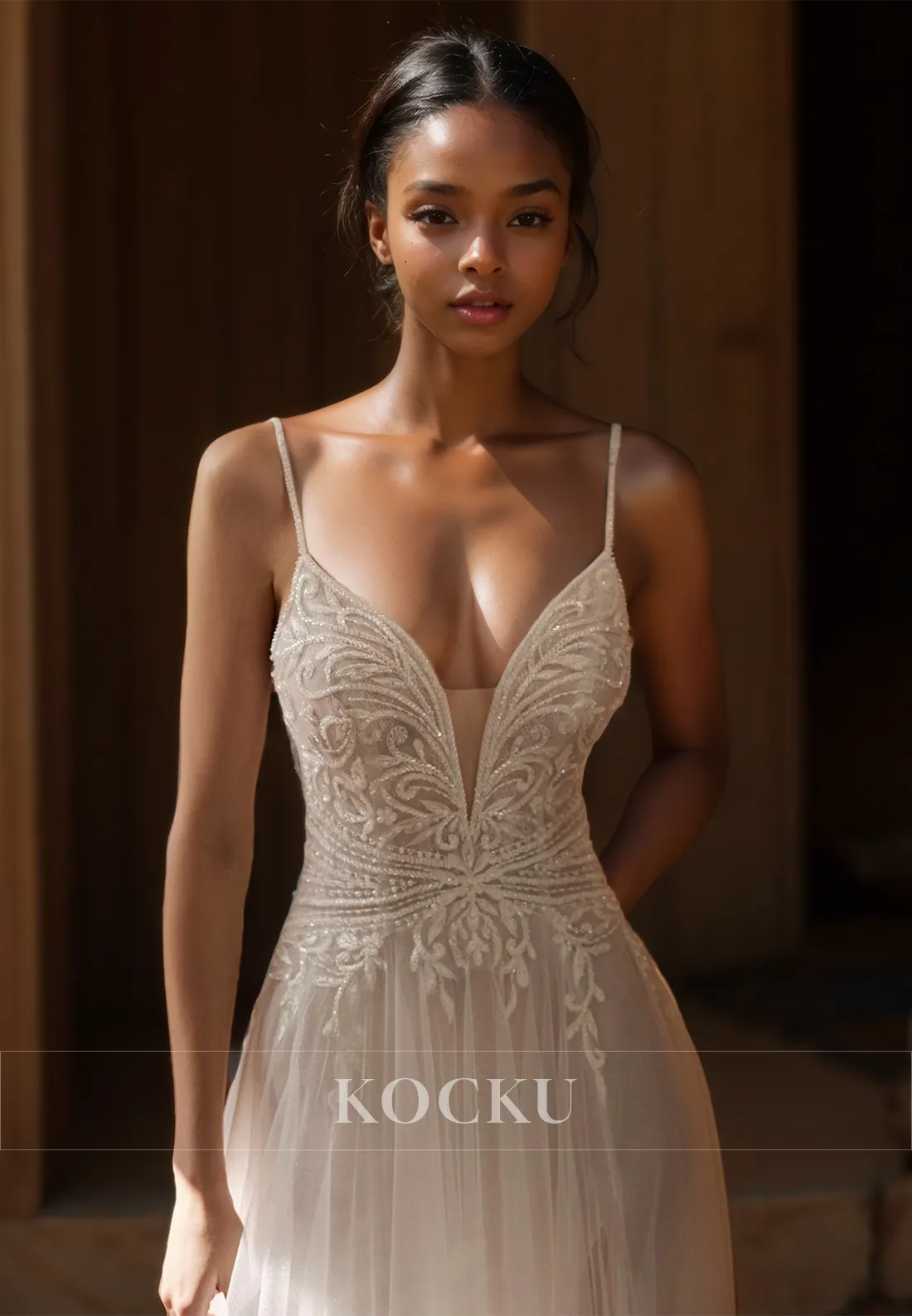 A-Line Spaghetti Straps V-Neck Pleated Lace Appliques Beach Dress with Court Train Boho Wedding Dress