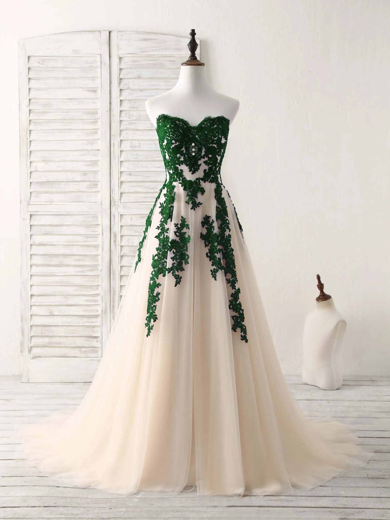 A-Line Sweetheart Tulle Lace Applique Green Long Prom Dress Bridesmaid Dress