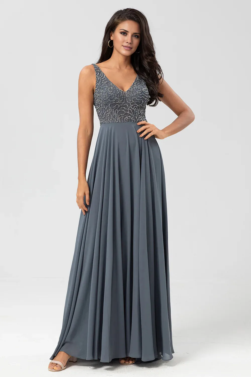 A Line V Neck Eucalyptus Long Prom Dress Charismatic Bridesmaid Dress with Beading