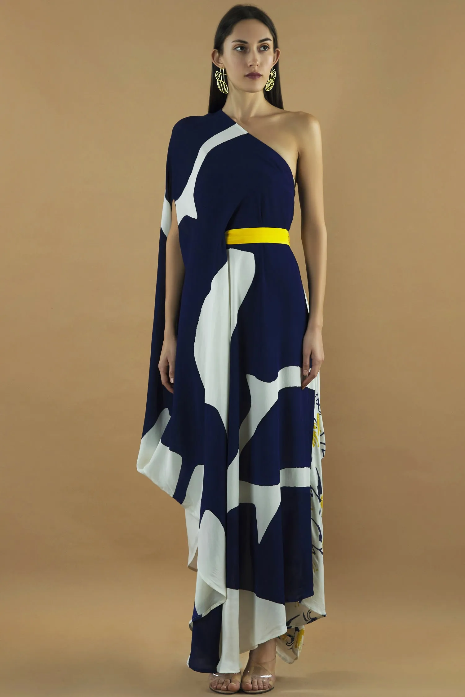 Abstract Printed Deep Blue Draped Dress