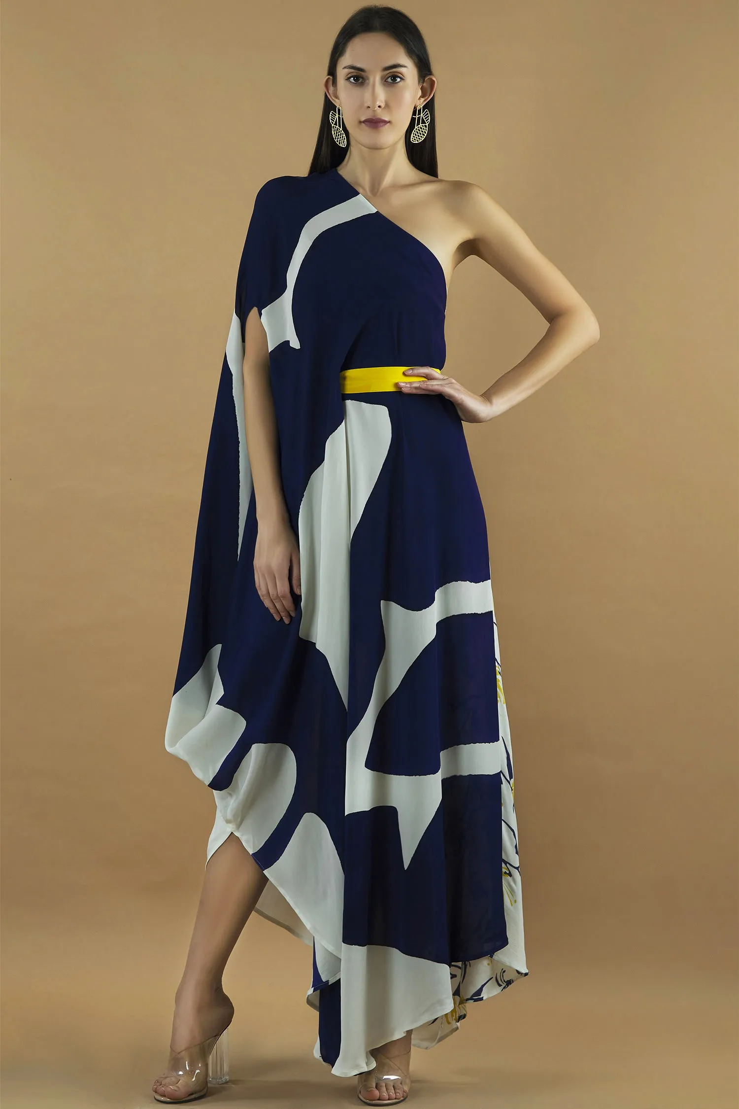 Abstract Printed Deep Blue Draped Dress