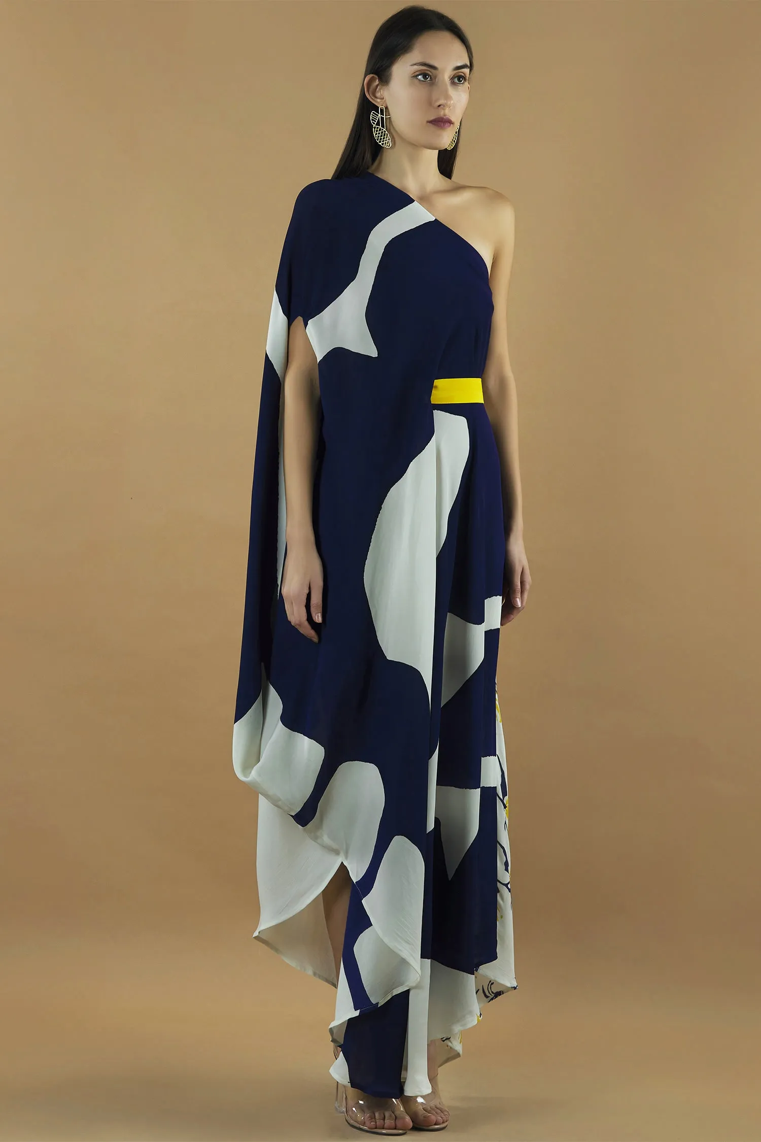 Abstract Printed Deep Blue Draped Dress