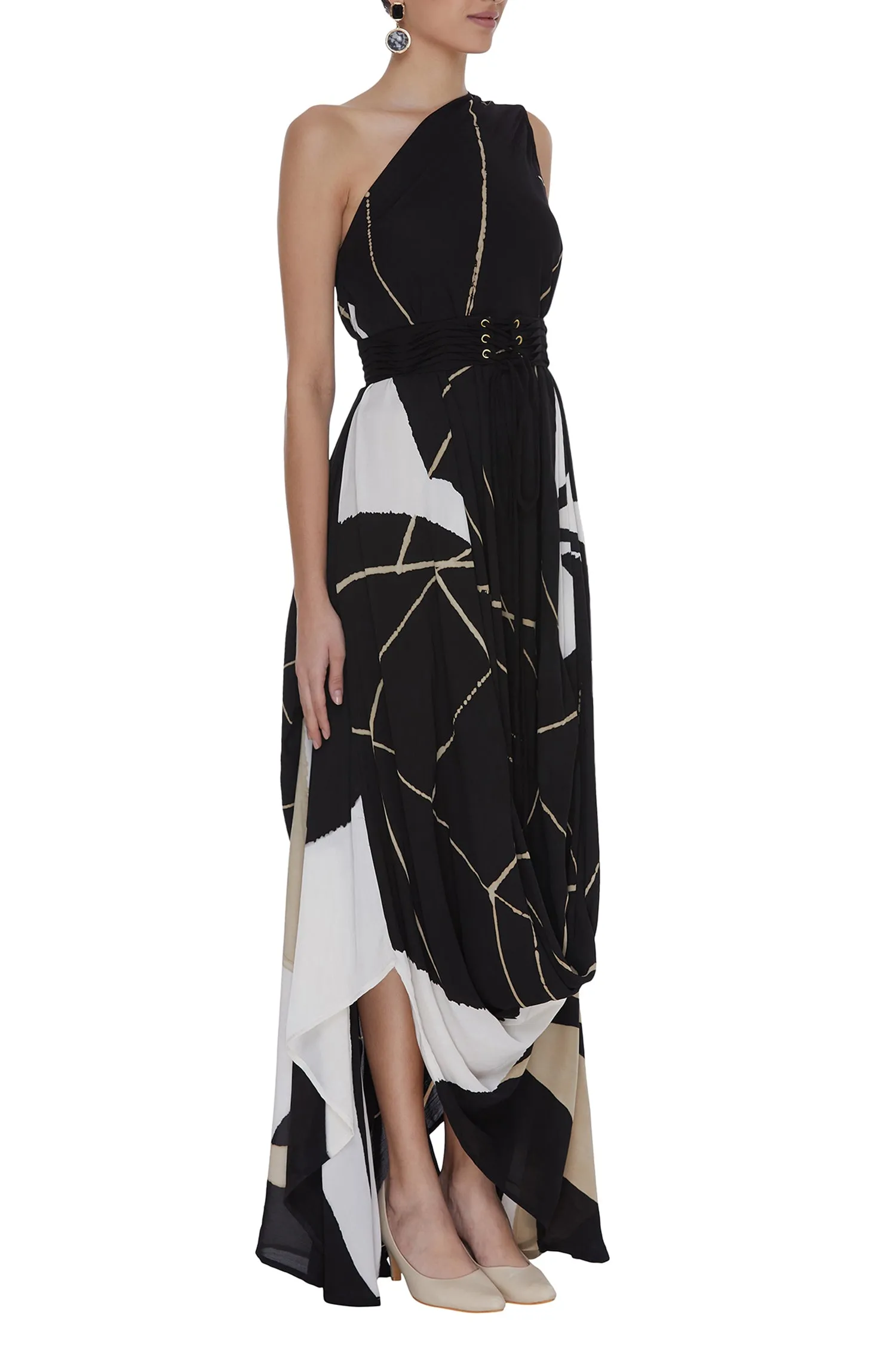 Abstract Printed One Shoulder Drape Dress with Corset Belt