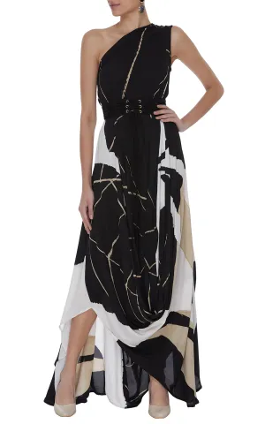 Abstract Printed One Shoulder Drape Dress with Corset Belt