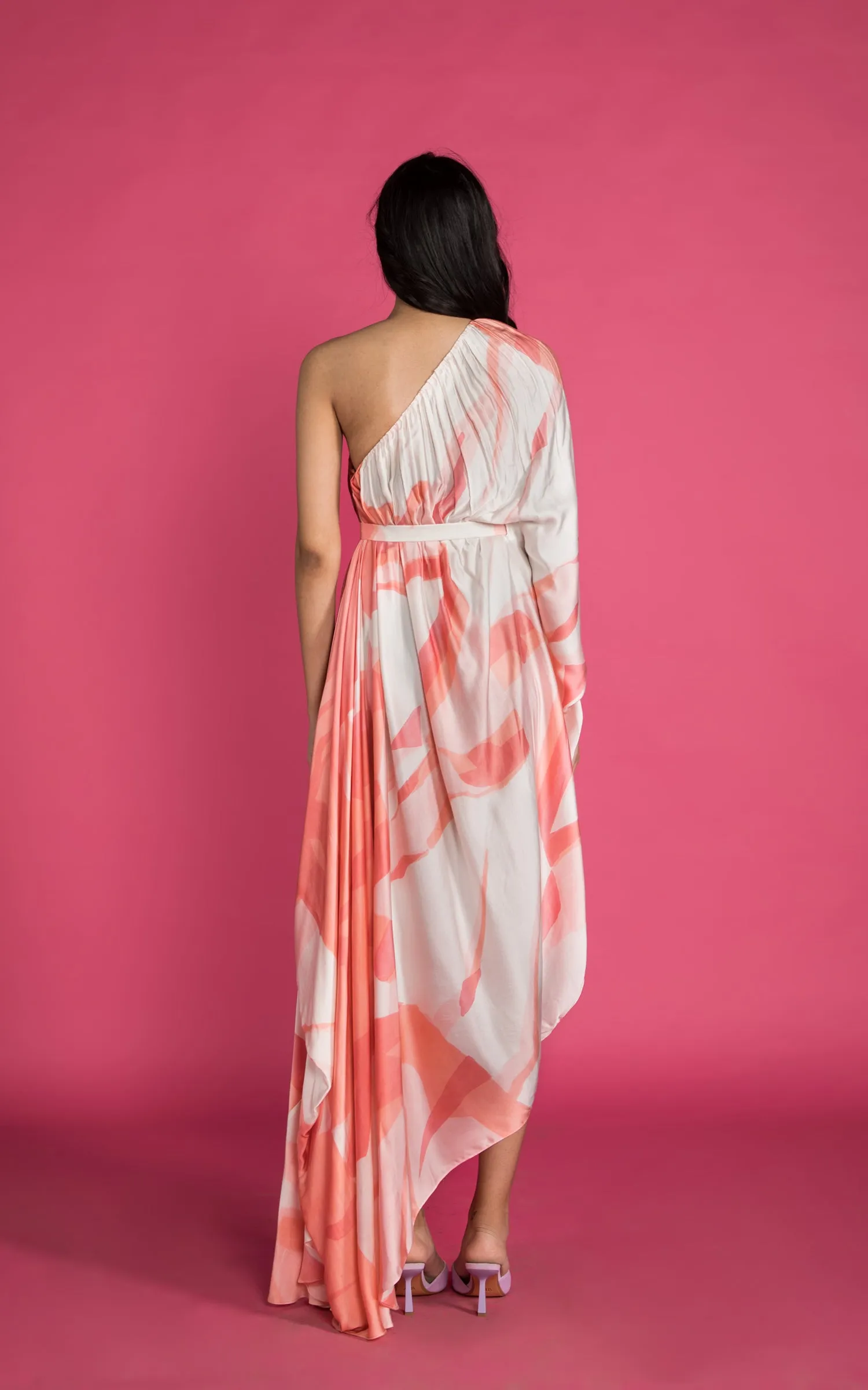 Abstract Printed One Shoulder Gathered Drape