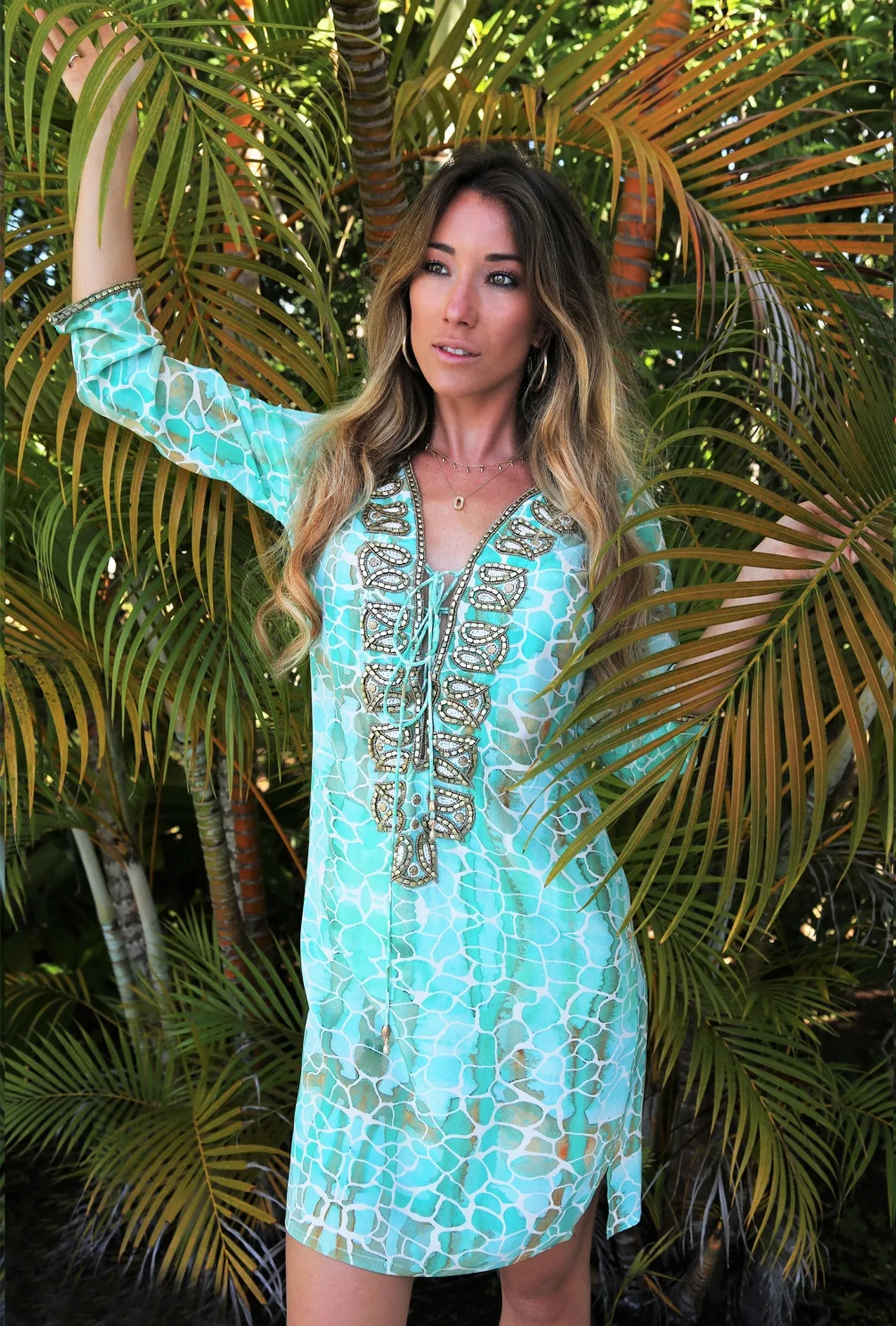 AQUA PEBBLES SILK TAJ KAFTAN