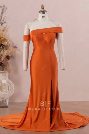 Asymmetrical Rusty Off Shoulder Slit Jersey Mermaid Bridesmaid Dress