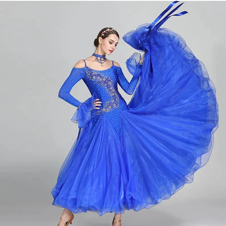 #B103 Stunning Off Shoulder Ribbon Ballroom Dance Dress- Ballroom Dance Competition Dress -Waltz Foxtrot -Rumba Dance Costumes