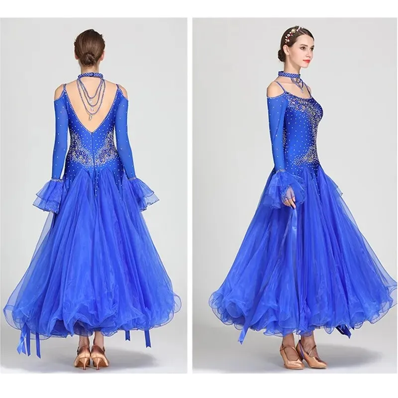 #B103 Stunning Off Shoulder Ribbon Ballroom Dance Dress- Ballroom Dance Competition Dress -Waltz Foxtrot -Rumba Dance Costumes