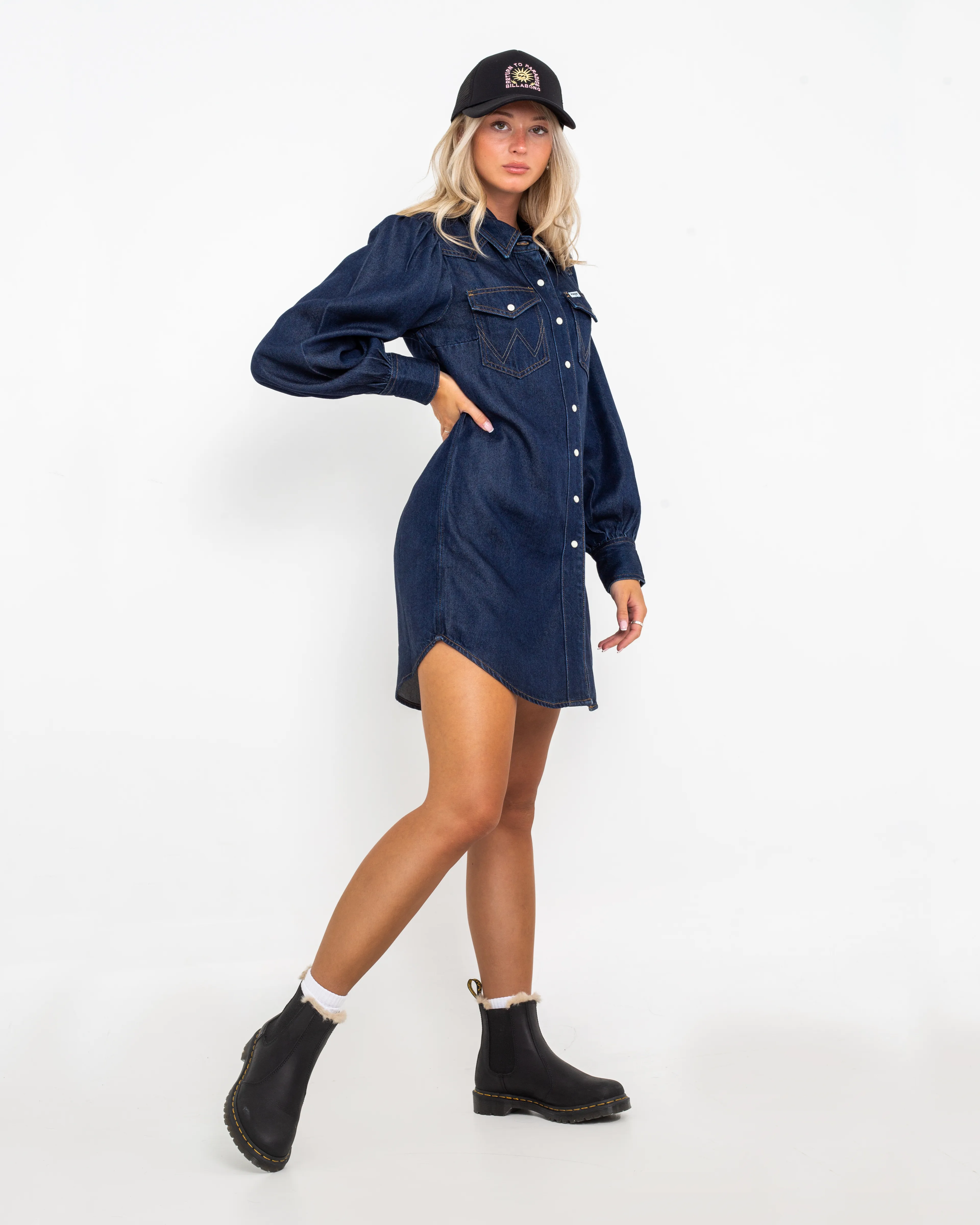 Balloon Sleeve Shirt Dress in Rinse