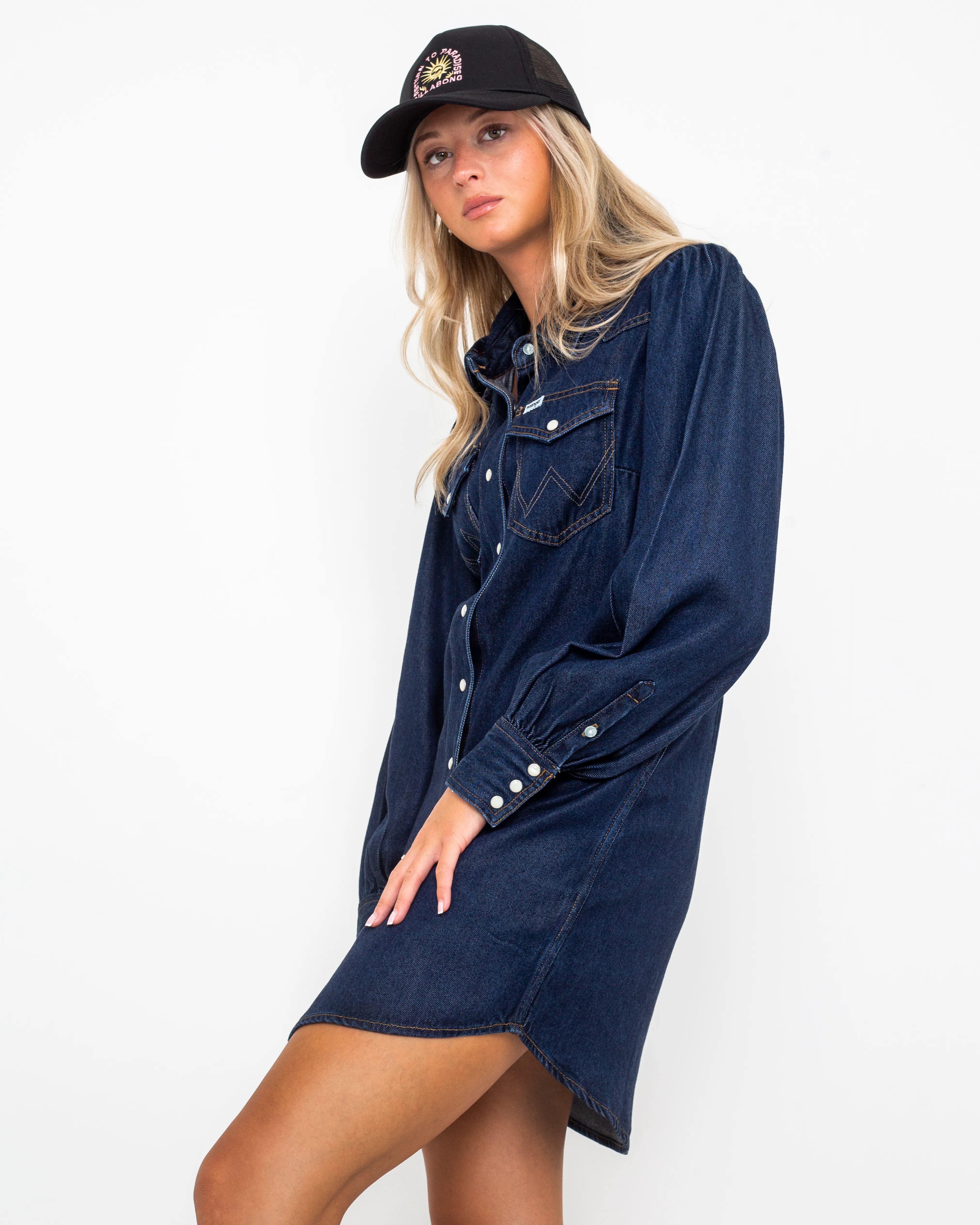 Balloon Sleeve Shirt Dress in Rinse