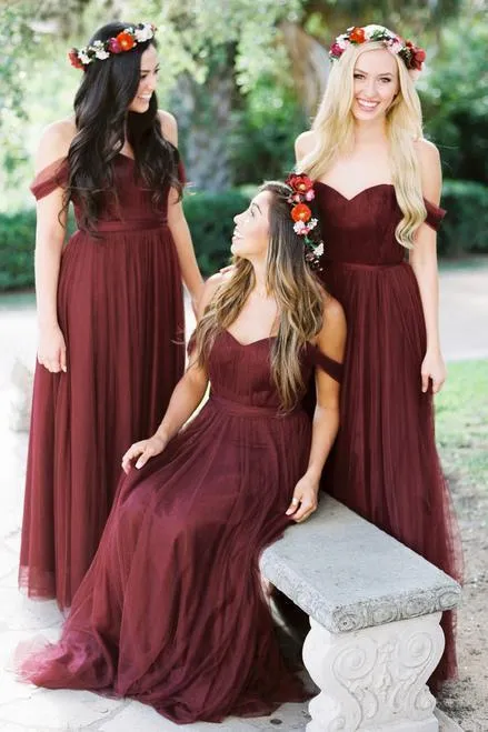 Beautiful Tulle Off-the-shoulder Neckline Floor-length A-line Bridesmaid Dresses BD059