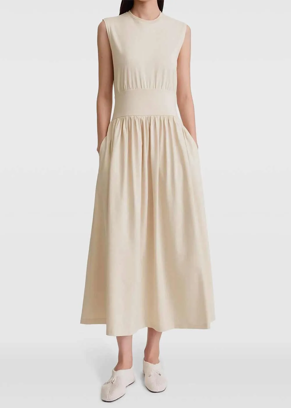 Beige Fitted-Waistband Midi Dress