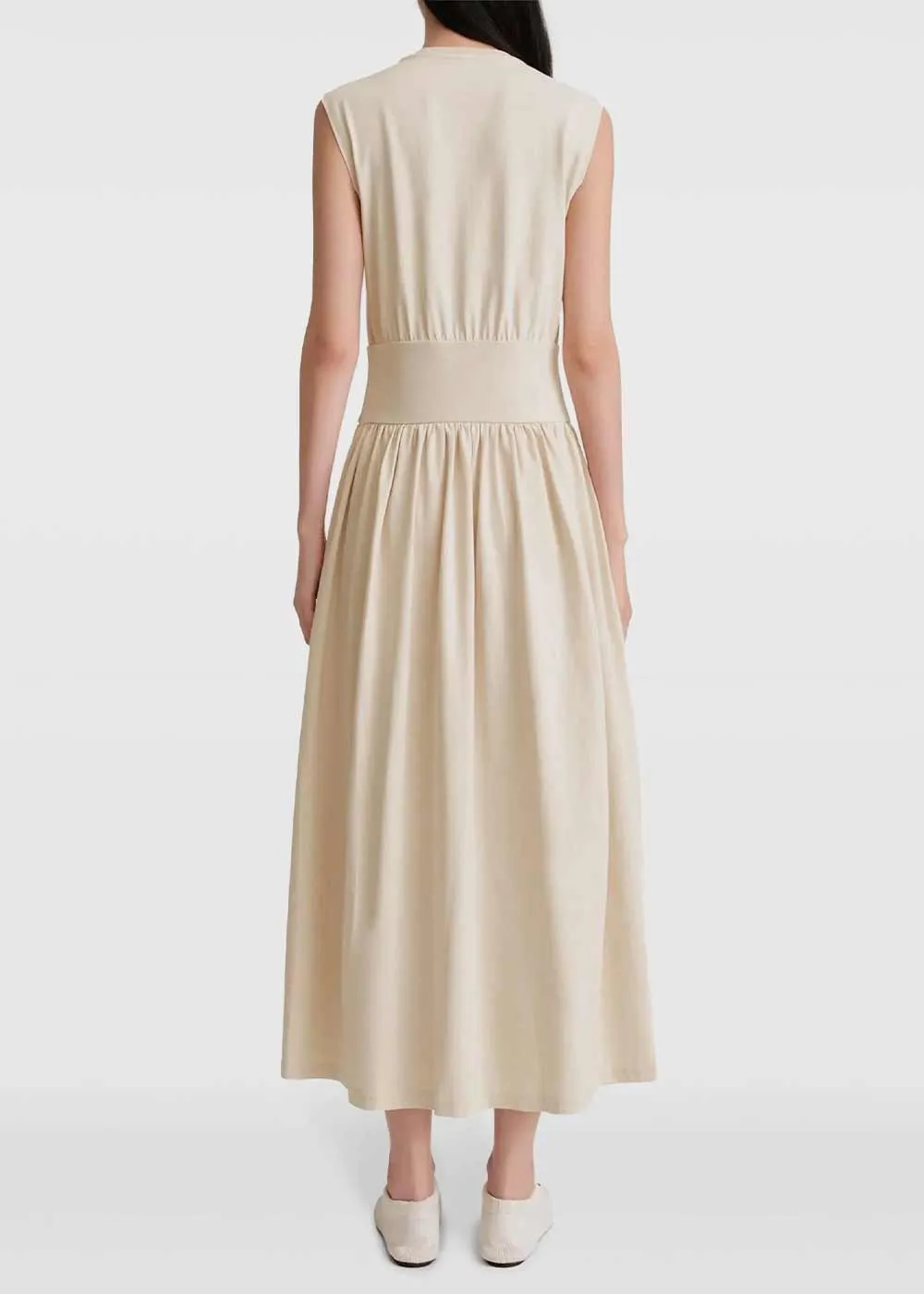 Beige Fitted-Waistband Midi Dress