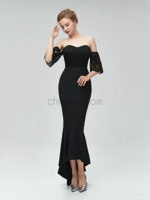 Black Sweetheart Lace High Low Mermaid Long Bridesmaid Dresses XDM1115