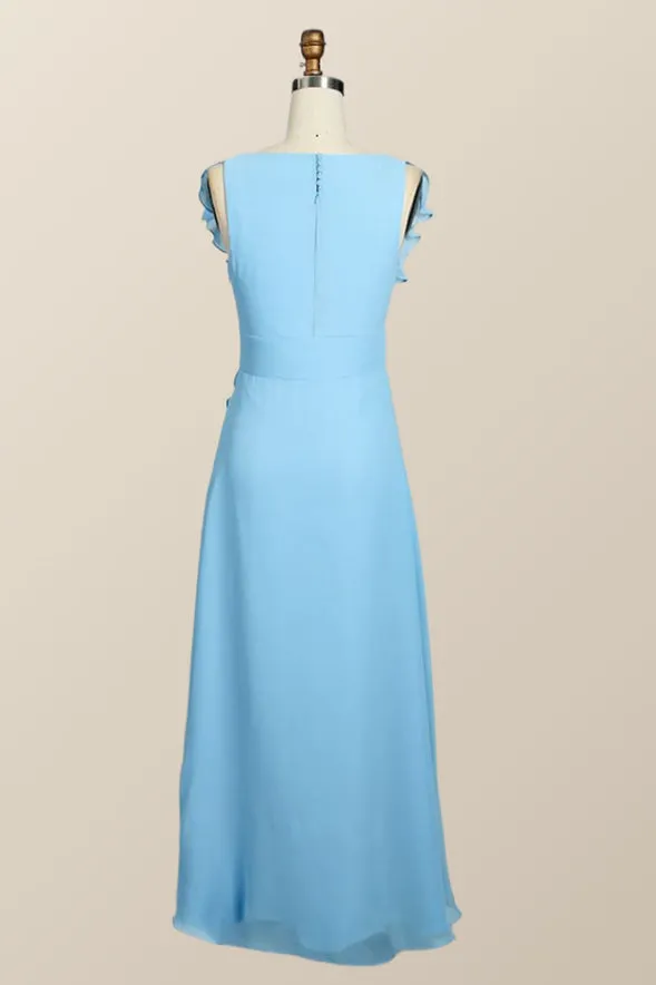 Blue Chiffon Ruffles Long Bridesmaid Dress