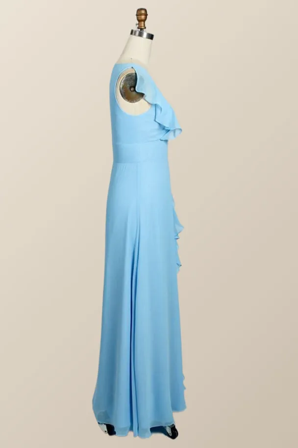 Blue Chiffon Ruffles Long Bridesmaid Dress