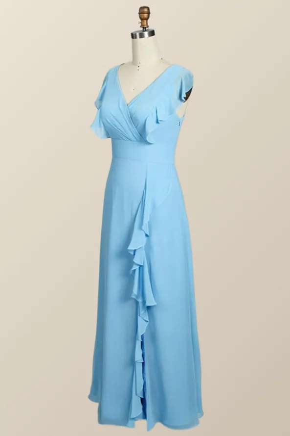 Blue Chiffon Ruffles Long Bridesmaid Dress