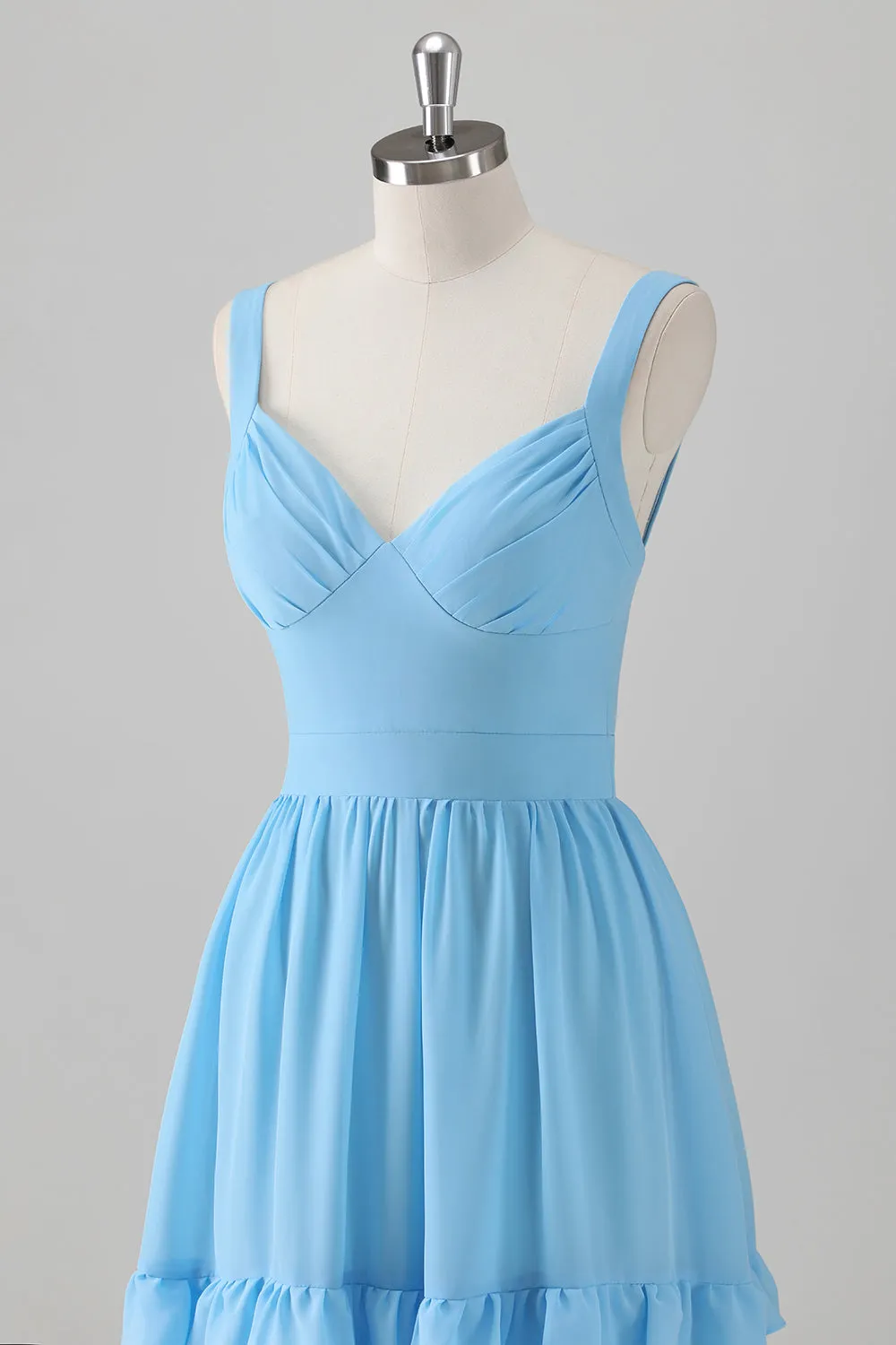 Blue Chiffon Tiered Ruffles Backless Bridesmaid Dress