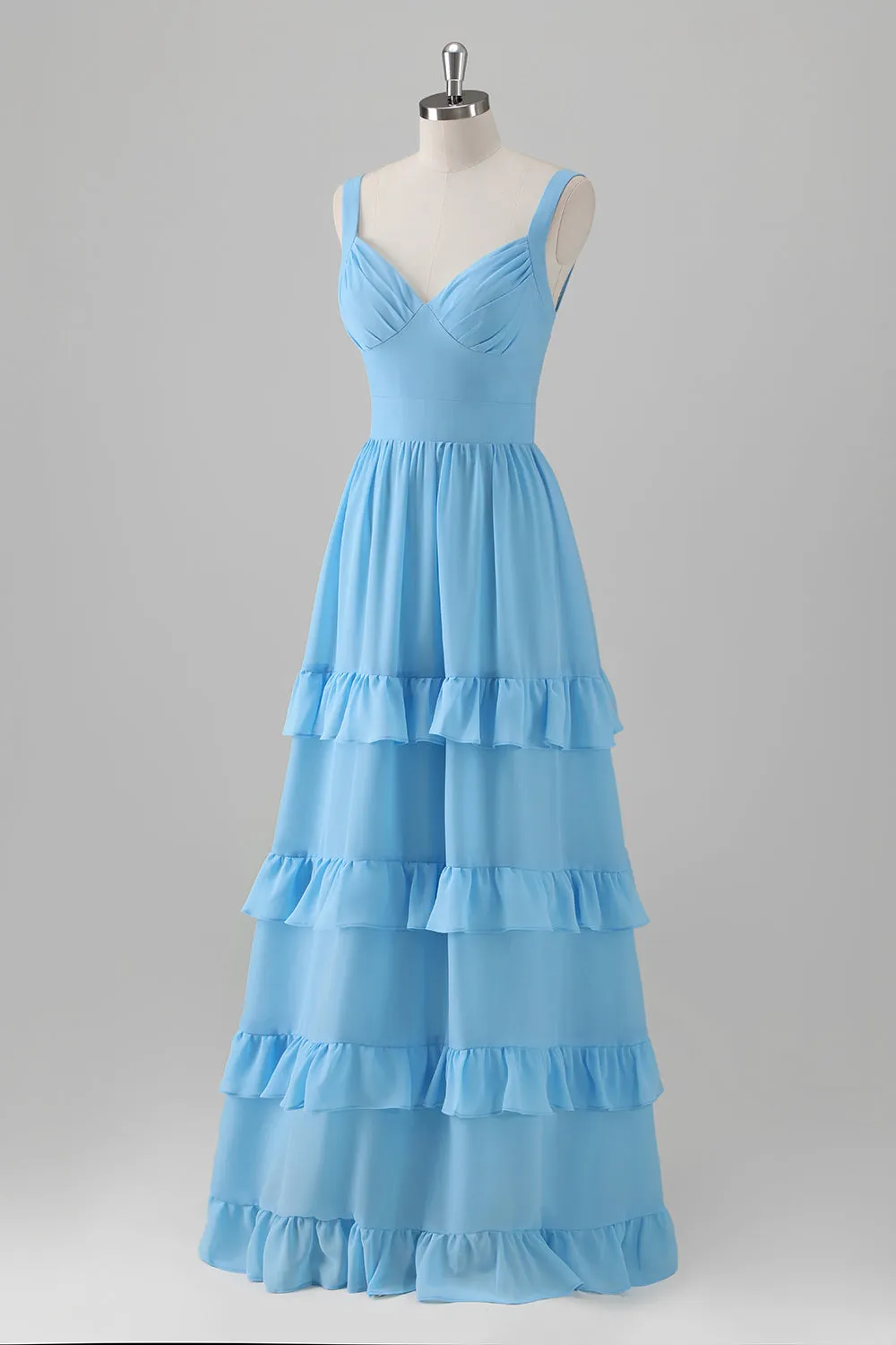 Blue Chiffon Tiered Ruffles Backless Bridesmaid Dress