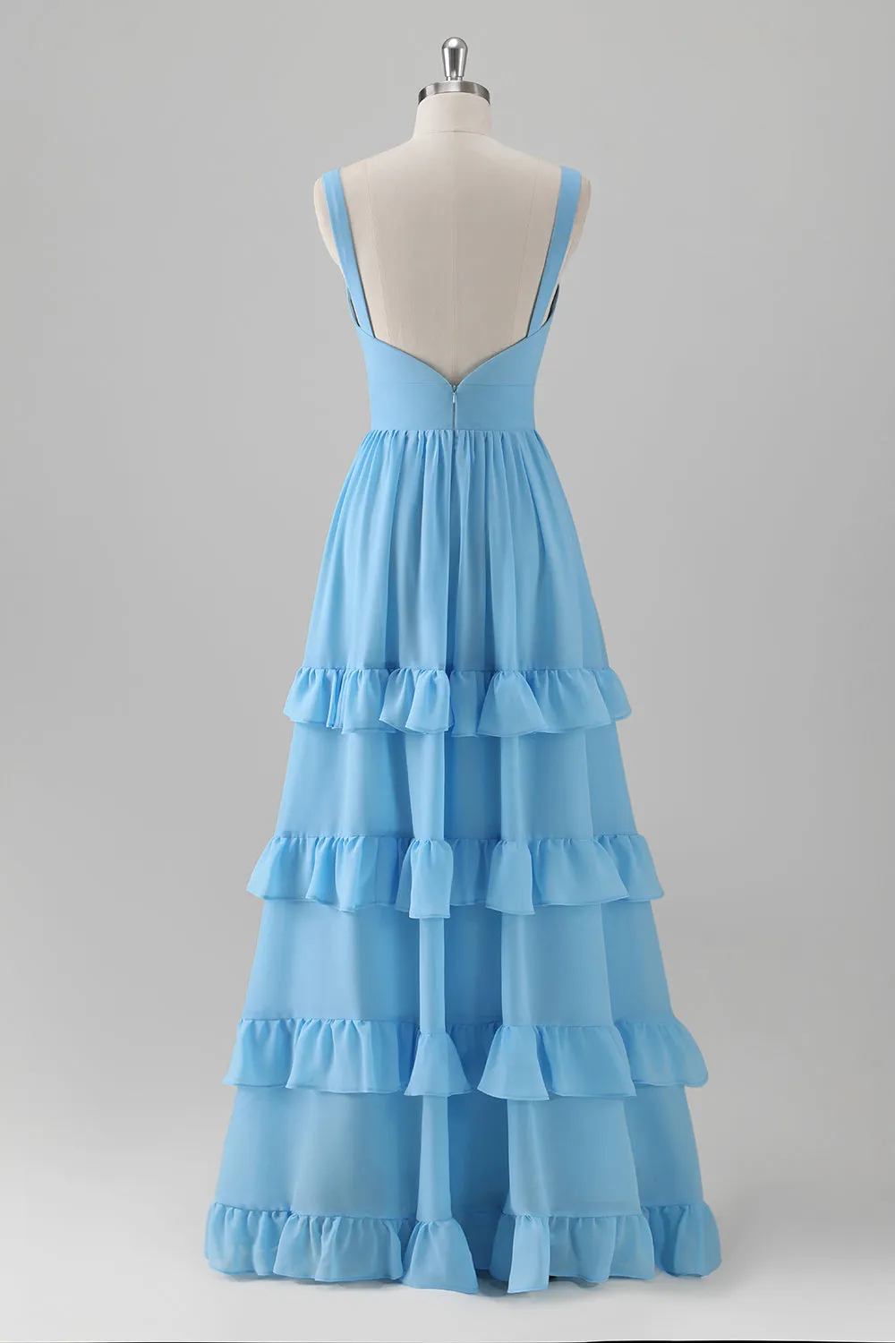 Blue Chiffon Tiered Ruffles Backless Bridesmaid Dress