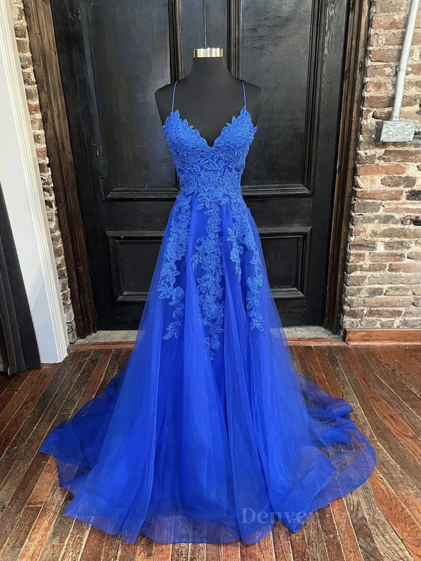 Blue v neck tulle lace long prom dress blue lace bridesmaid dress